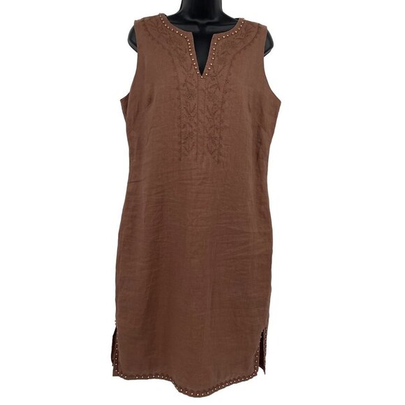 Nikki Valenti 100% Irish Linen Shift Dress Size 12 Embroidered Beaded Lagenlook - Picture 1 of 14